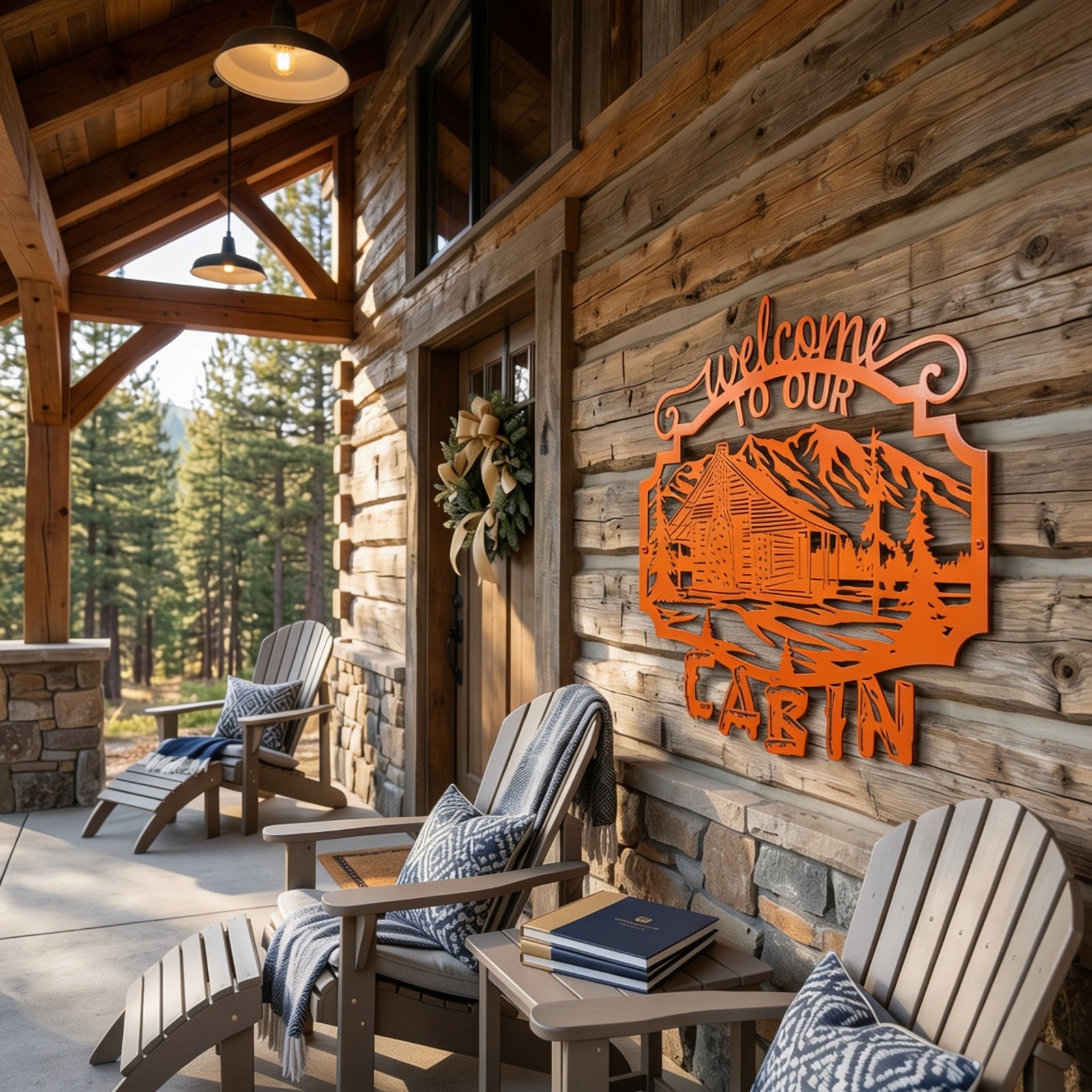 Orange welcome to our cabin metal wall sign with mountain cabin scene displayed on a rustic wood porch wall