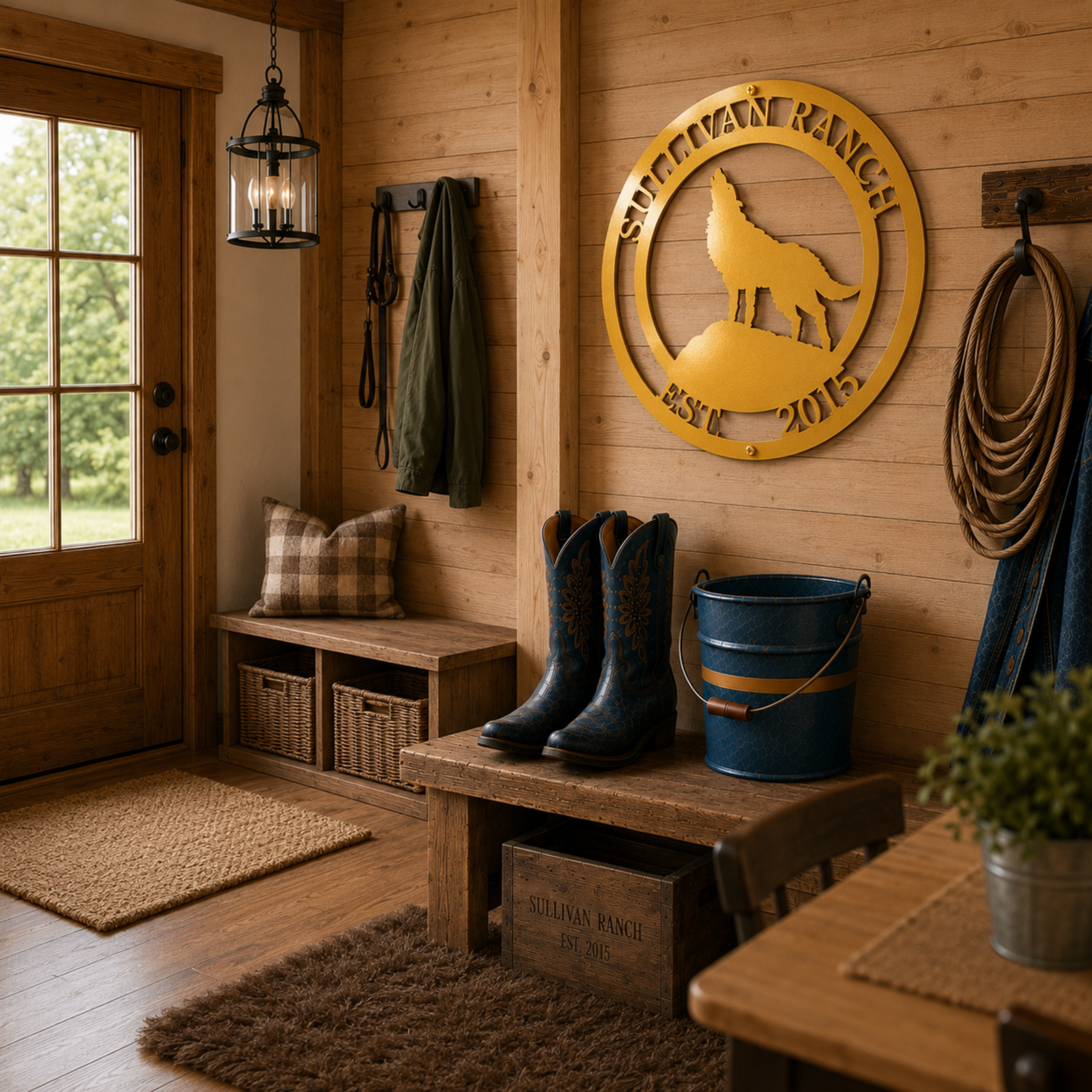 Gold custom wolf ranch sign with personalized family name and established year displayed in rustic cabin interior decor