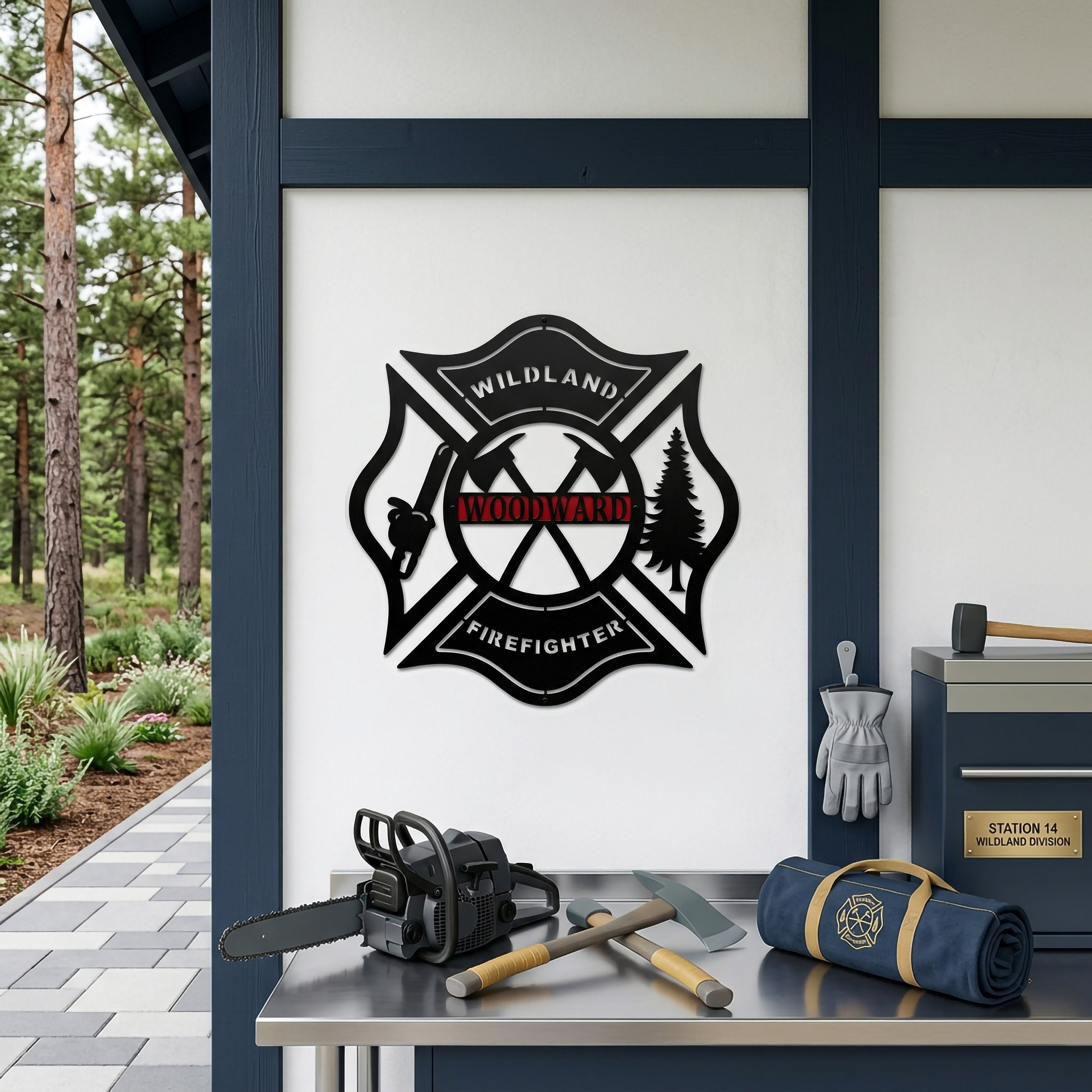 Custom wildland firefighter metal badge sign displayed on modern outdoor workstation with chainsaw axes and firefighting gear