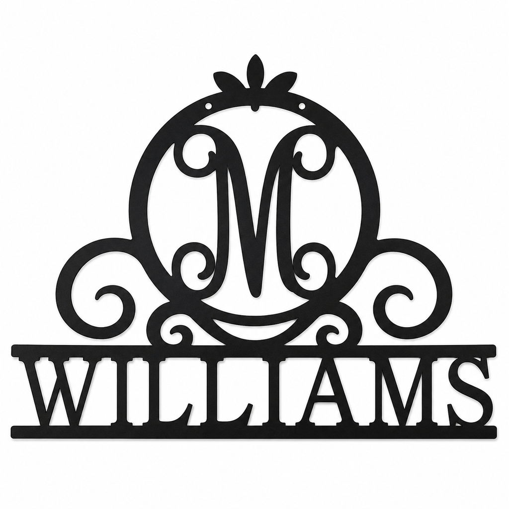 Black custom Williams monogram metal sign with elegant scroll design displayed on a white background