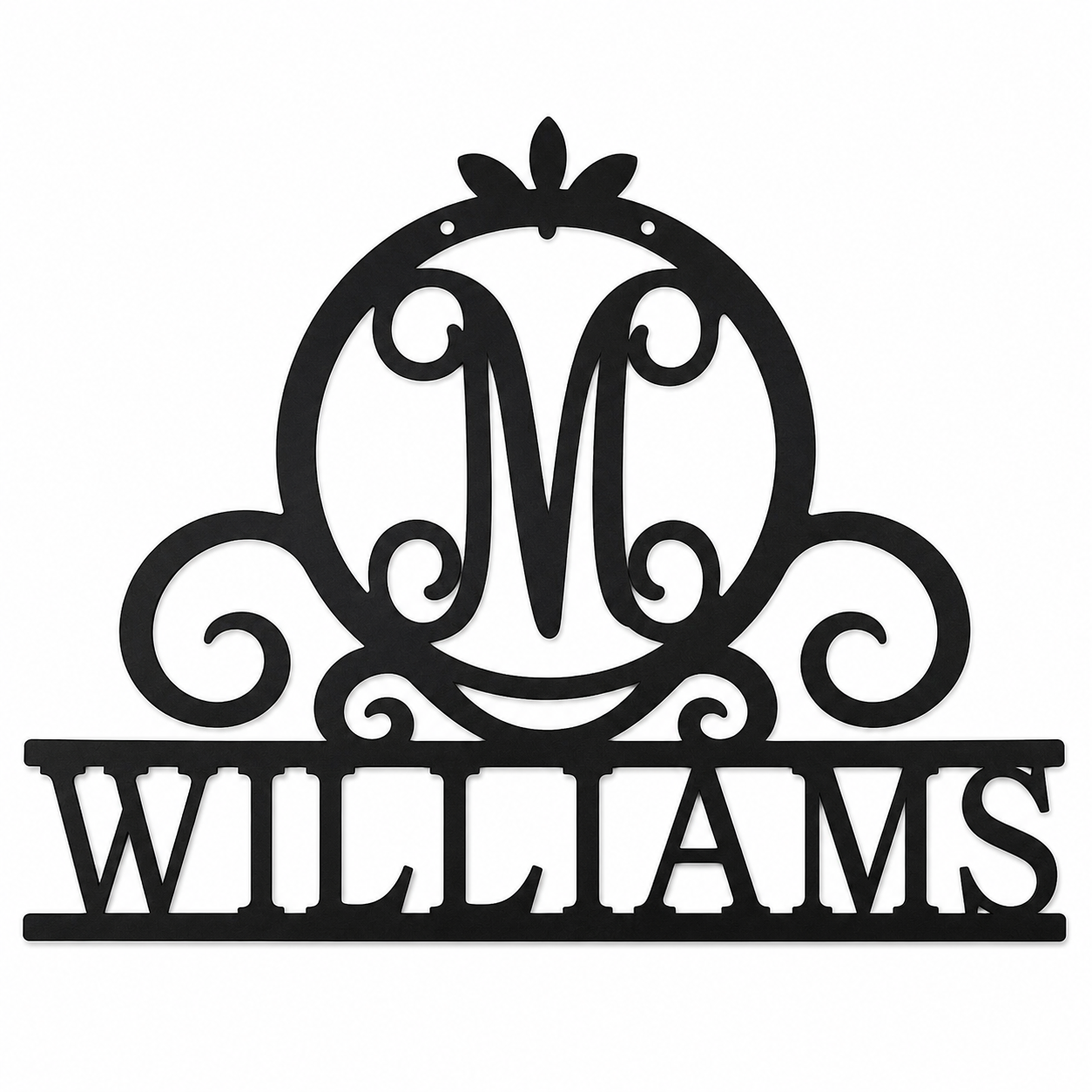 Black custom Williams monogram metal sign with elegant scroll design displayed on a white background