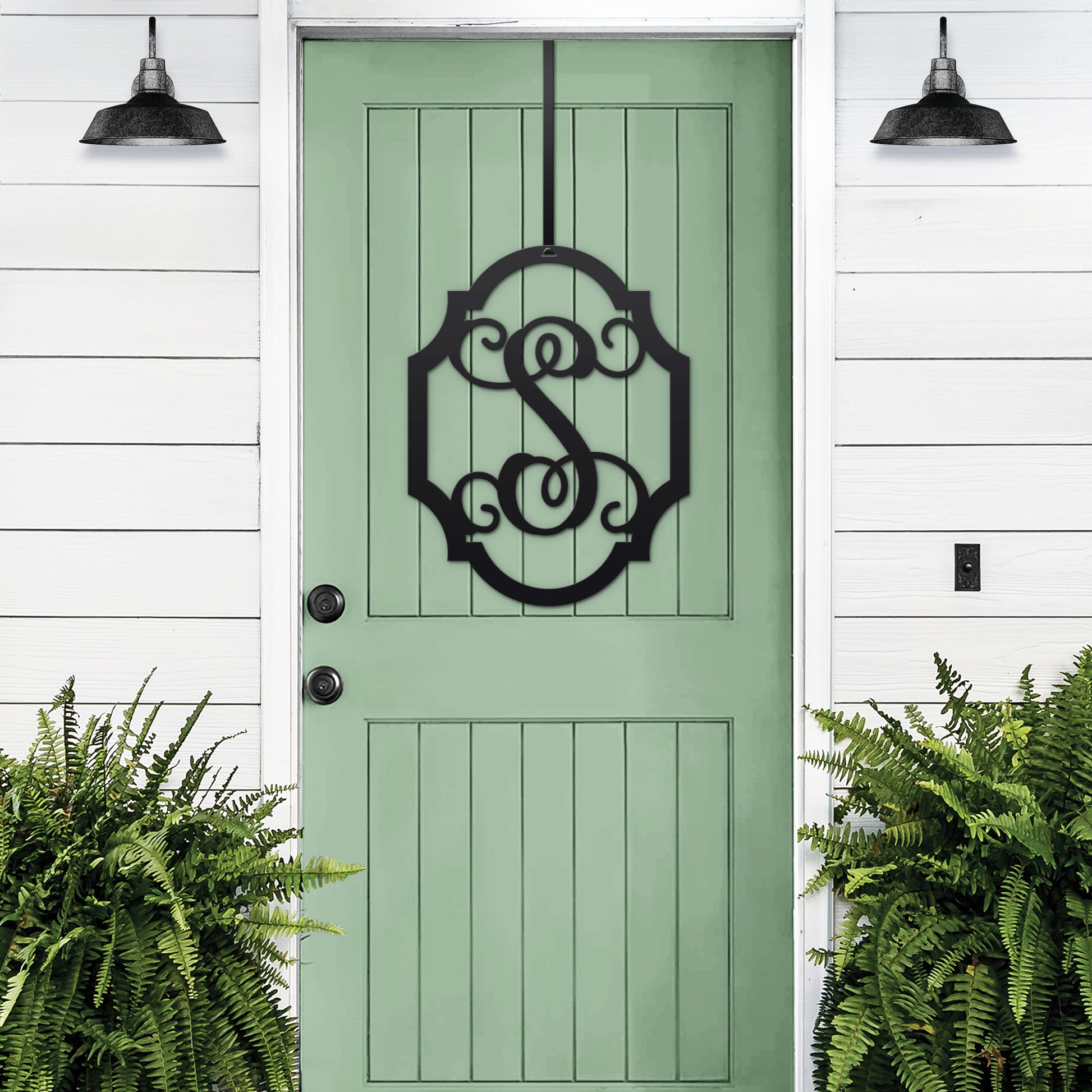 Couple's Monogram Established Sign, a custom metal wall art piece featuring a monogram on a green door, ideal as a personalized family name sign and wedding gift, crafted for indoor or outdoor use.