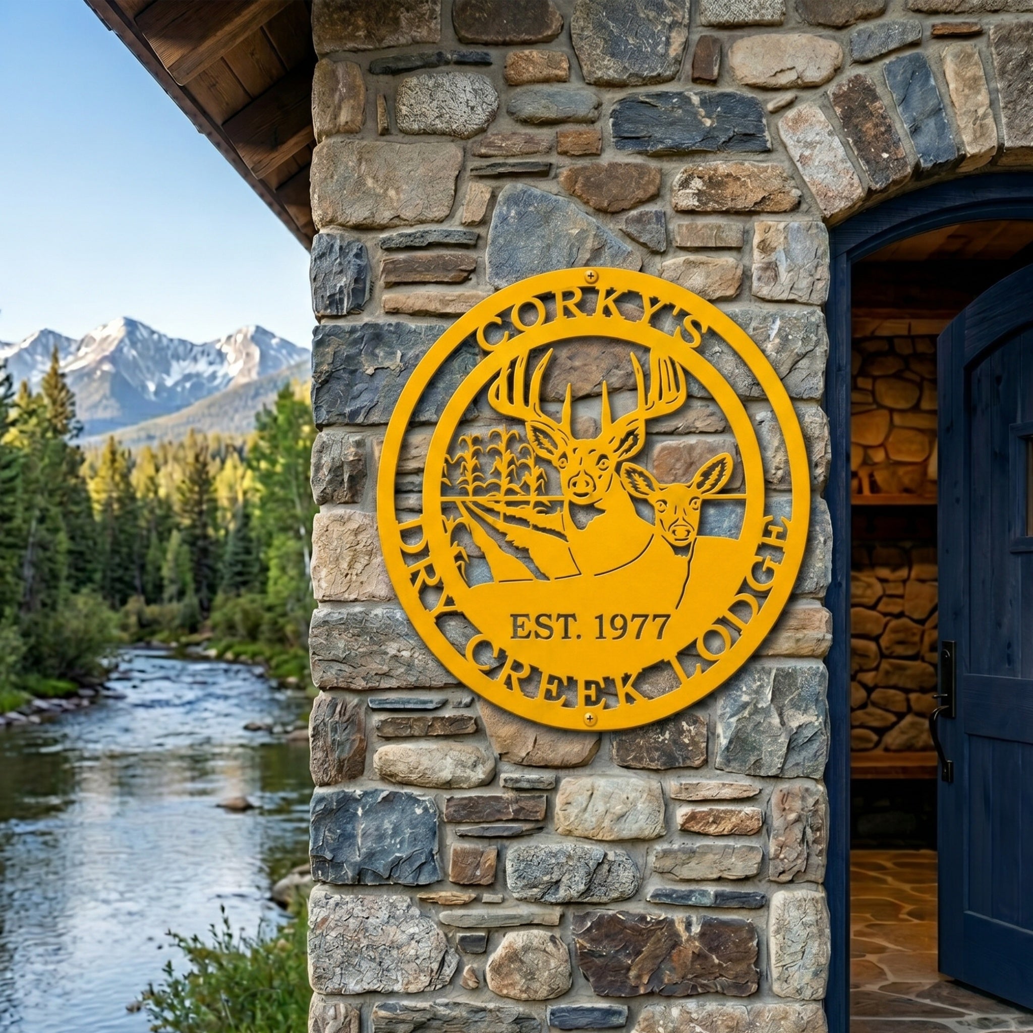 Golden yellow Corky’s Dry Creek Lodge metal wall sign with buck and doe design displayed on stone lodge exterior by mountain creek