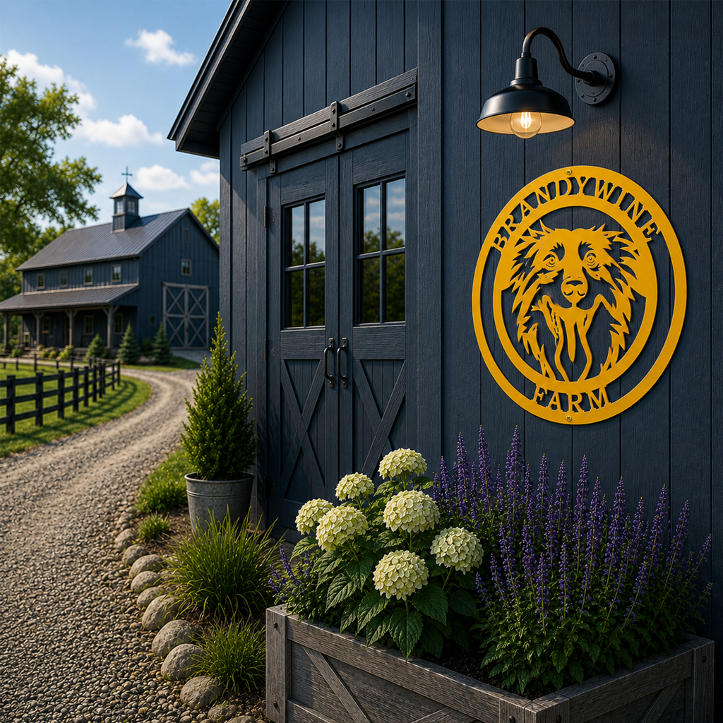 Yellow personalized Border Collie farm metal sign mounted on a barn wall with farmhouse driveway and flower planter