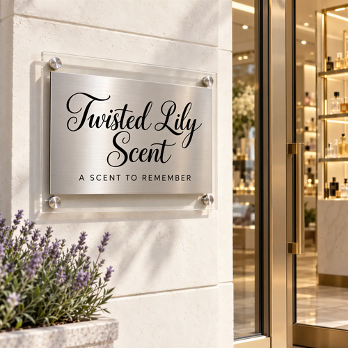 a sign for a scent called "Twisted Lily Scent" on a wall, with a glass door and a plant visible in the foreground.