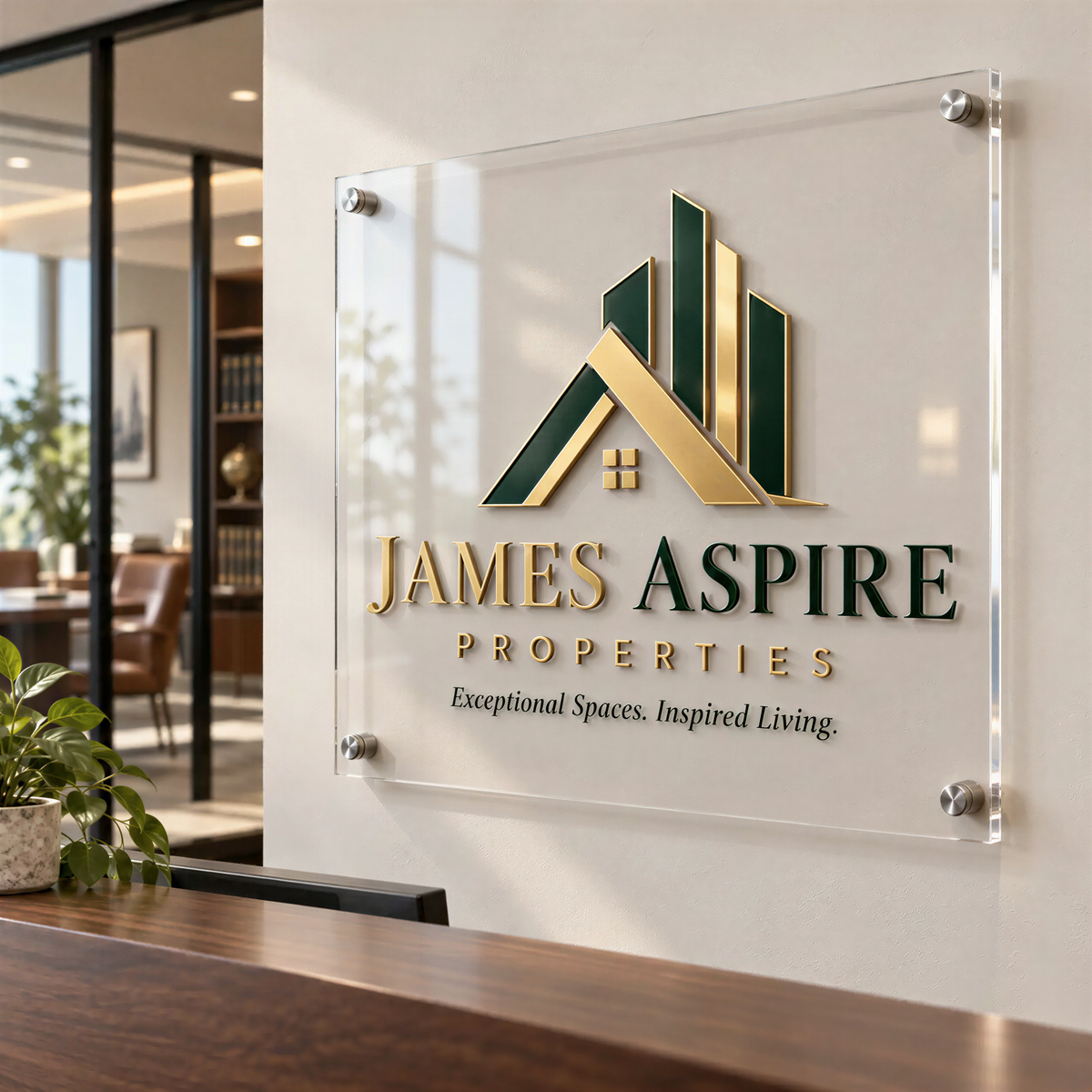 a glass display case with a logo for James Aspire Properties, an interior design company.