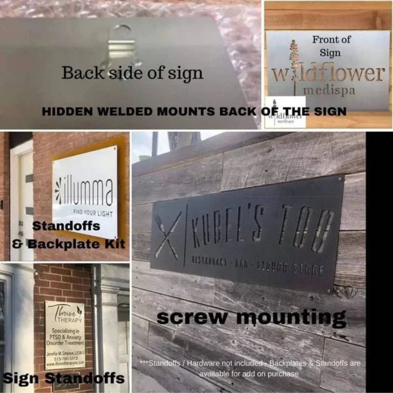 Custom metal sign mounting hole options chart displaying multiple sign styles and brand names, illustrating installation methods for office, storefront, and outdoor signage.