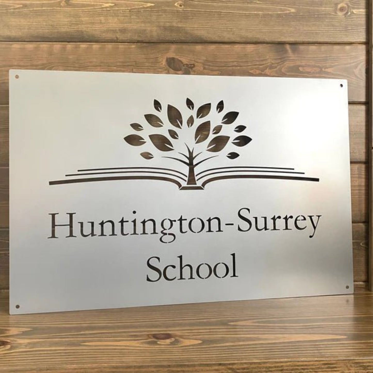 Custom rectangular LED office and storefront metal sign featuring “Huntington-Surrey School” with tree graphic, ideal for school branding, outdoor signage, and professional display.