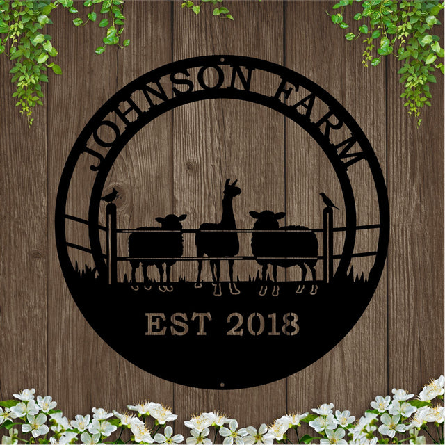 A black custom laser cut metal ranch sign showing alpaca and sheep behind fence, with “JOHNSON FARM EST 2018” text, outdoor farm decor.