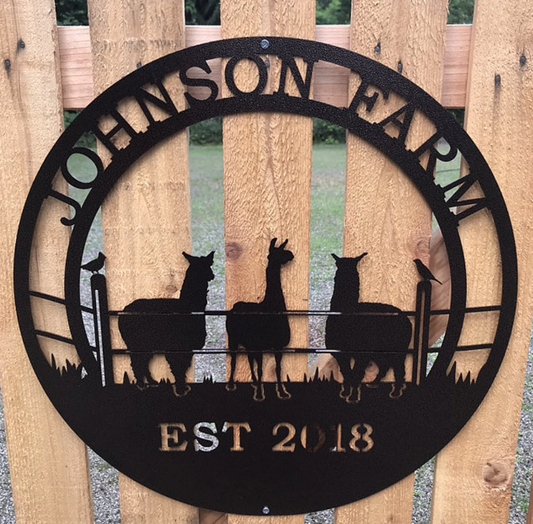 Alpaca Ranch Custom Metal Sign with a silhouette of a black llama behind a fence, showcasing durable, heavy-duty steel craftsmanship perfect for farms or homes, embodying HouseSensationsArt's quality and charm.