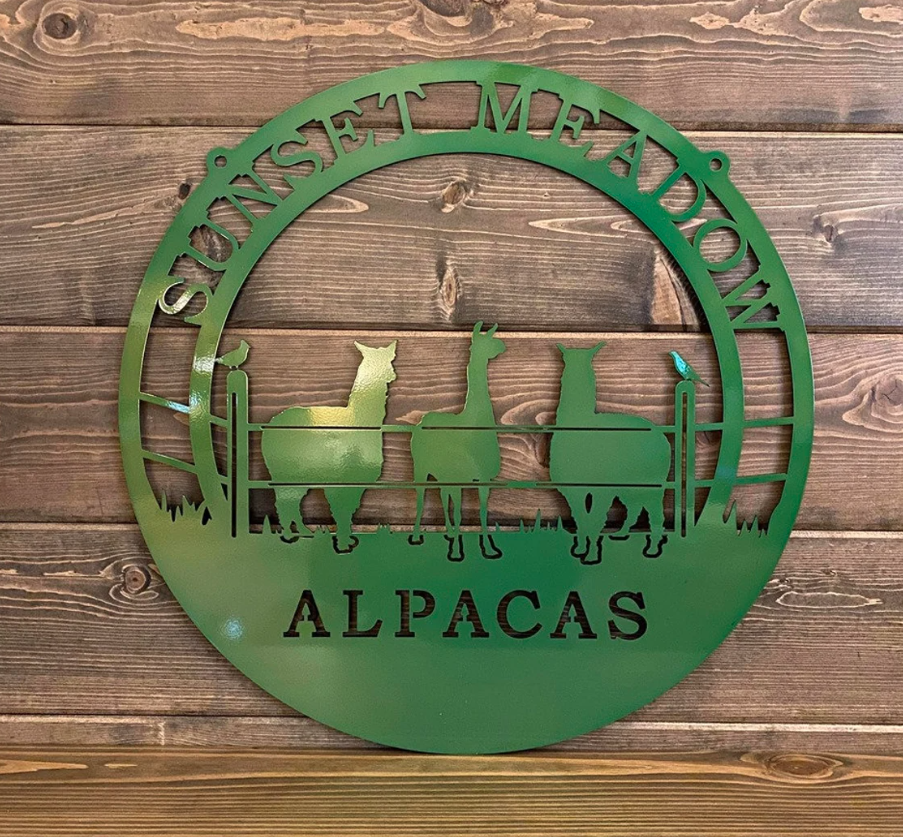 Alpaca Ranch Custom Metal Sign featuring a metal cutout of a green llama on a wooden background, showcasing expert craftsmanship and durability for versatile indoor or outdoor use.