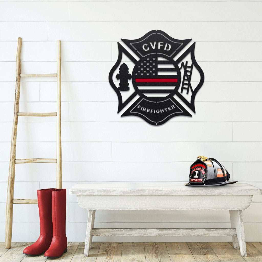 Firefighter-themed wall décor with boots and helmet on wooden bench against white wall, personalized Maltese Cross sign display, HouseSensationsArt