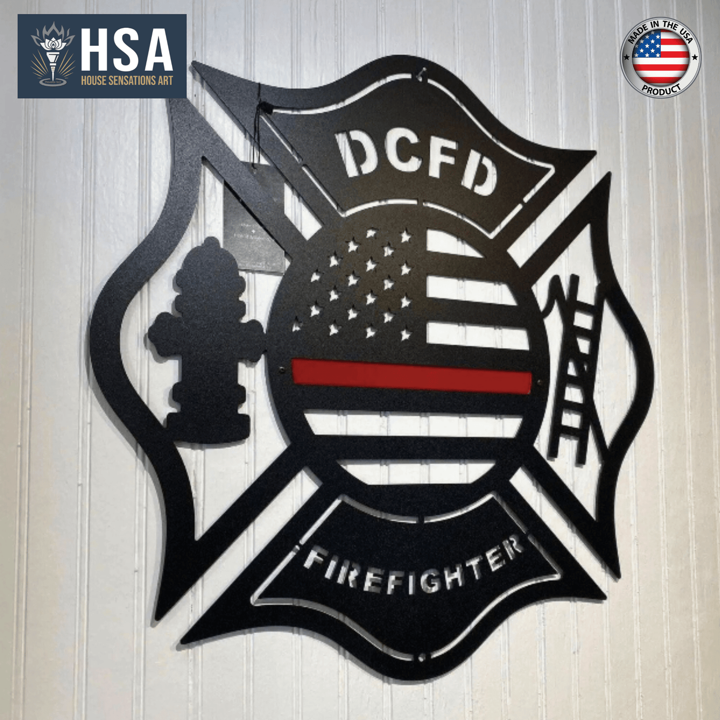 Personalized Maltese Cross firefighter sign with American flag design, firefighter silhouette and ladder on wooden background, HouseSensationsArt