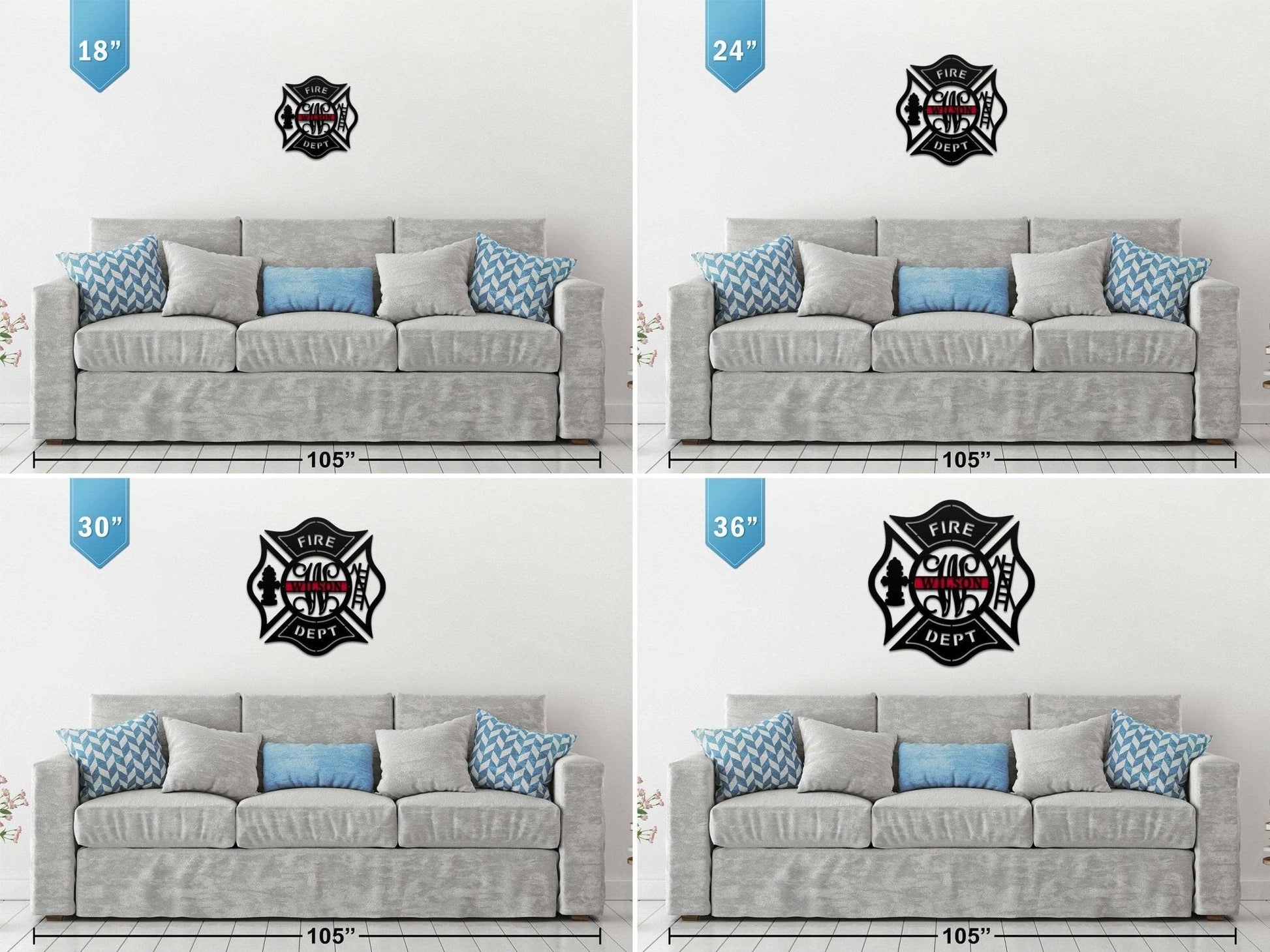 Gray sofa with blue pillows and measurement markings on white background, styled with personalized American flag firefighter Maltese Cross décor, HouseSensationsArt