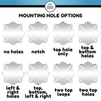 Illustration showing mounting hole options for personalized American flag firefighter Maltese Cross wall sign, HSA branding visible