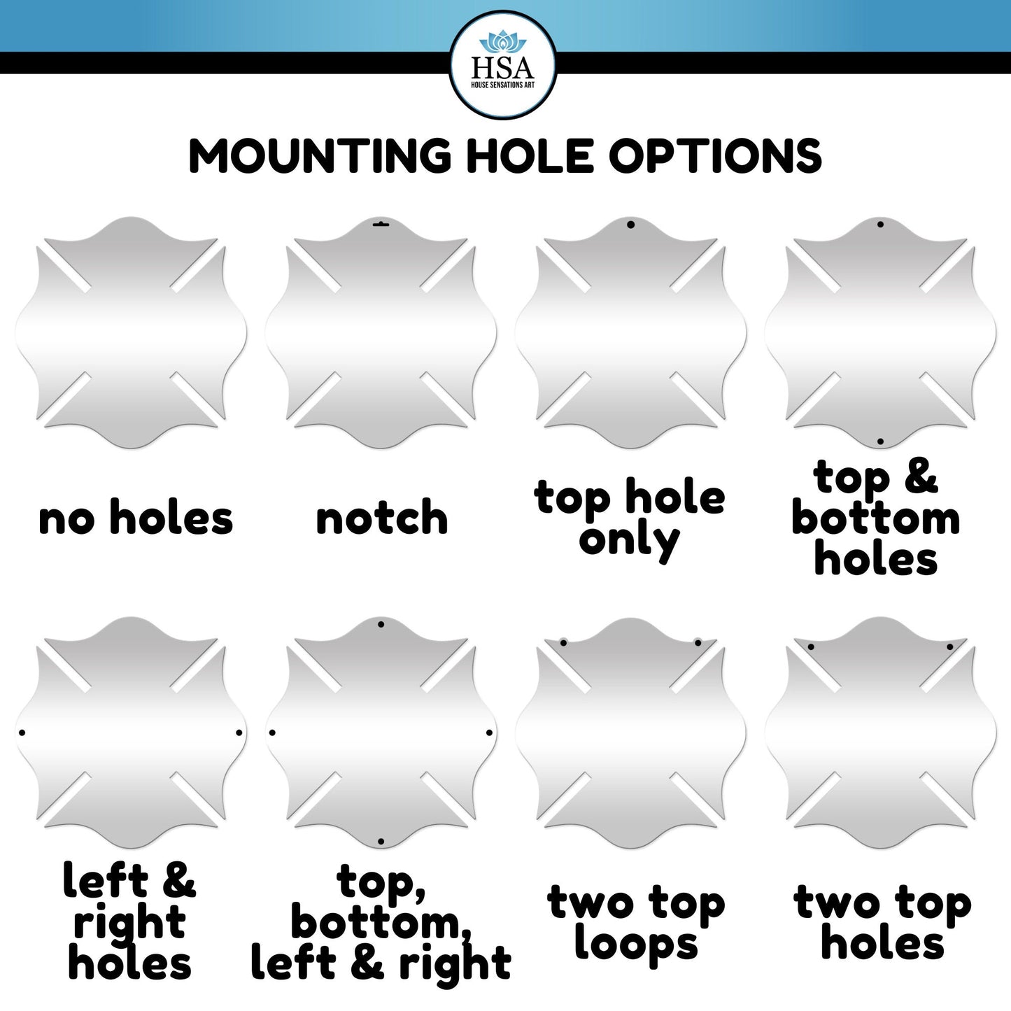 Illustration showing mounting hole options for personalized American flag firefighter Maltese Cross wall sign, HSA branding visible