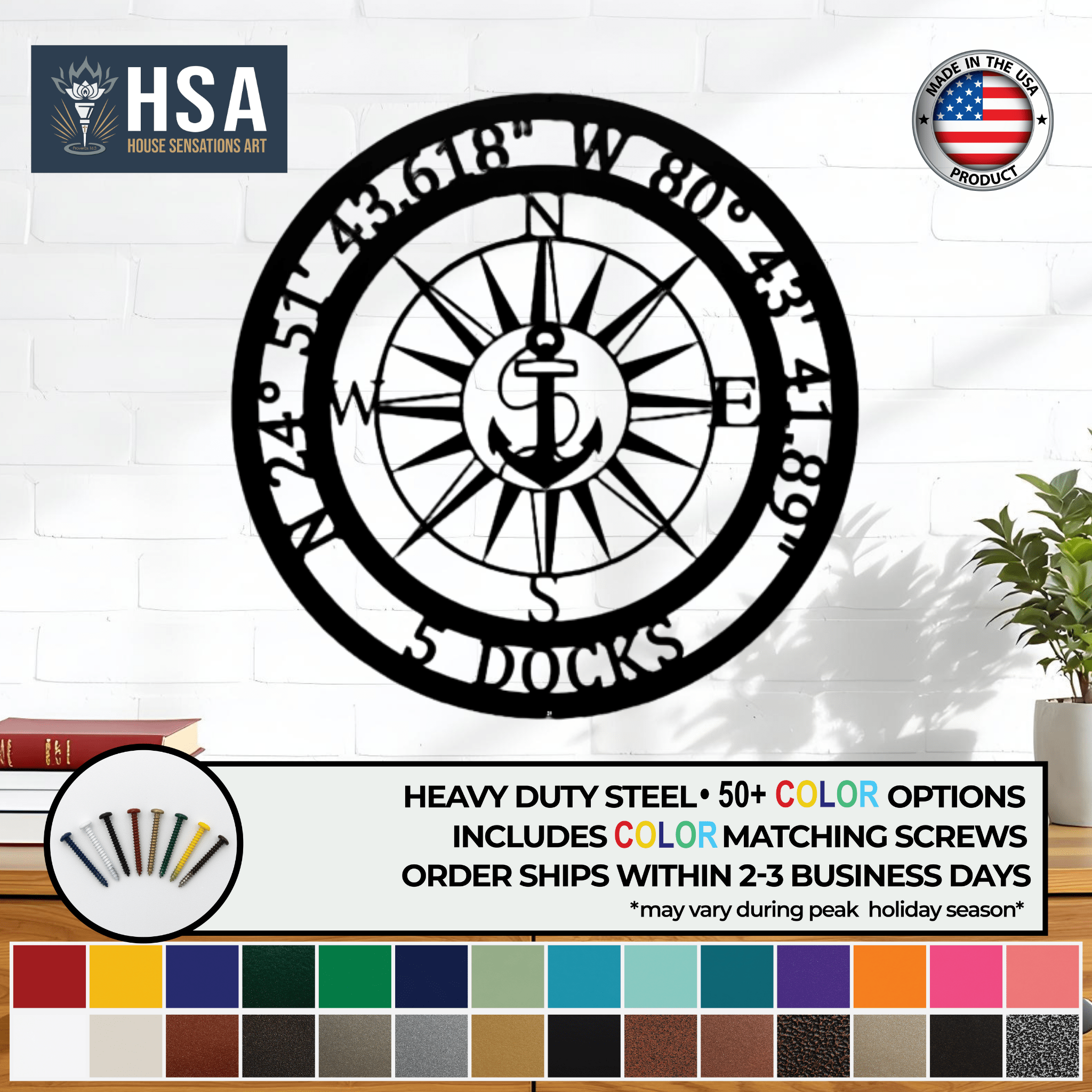 Personalized nautical compass metal wall art with anchor design, custom marine décor, outdoor sign with screws, House Sensations Art branding display