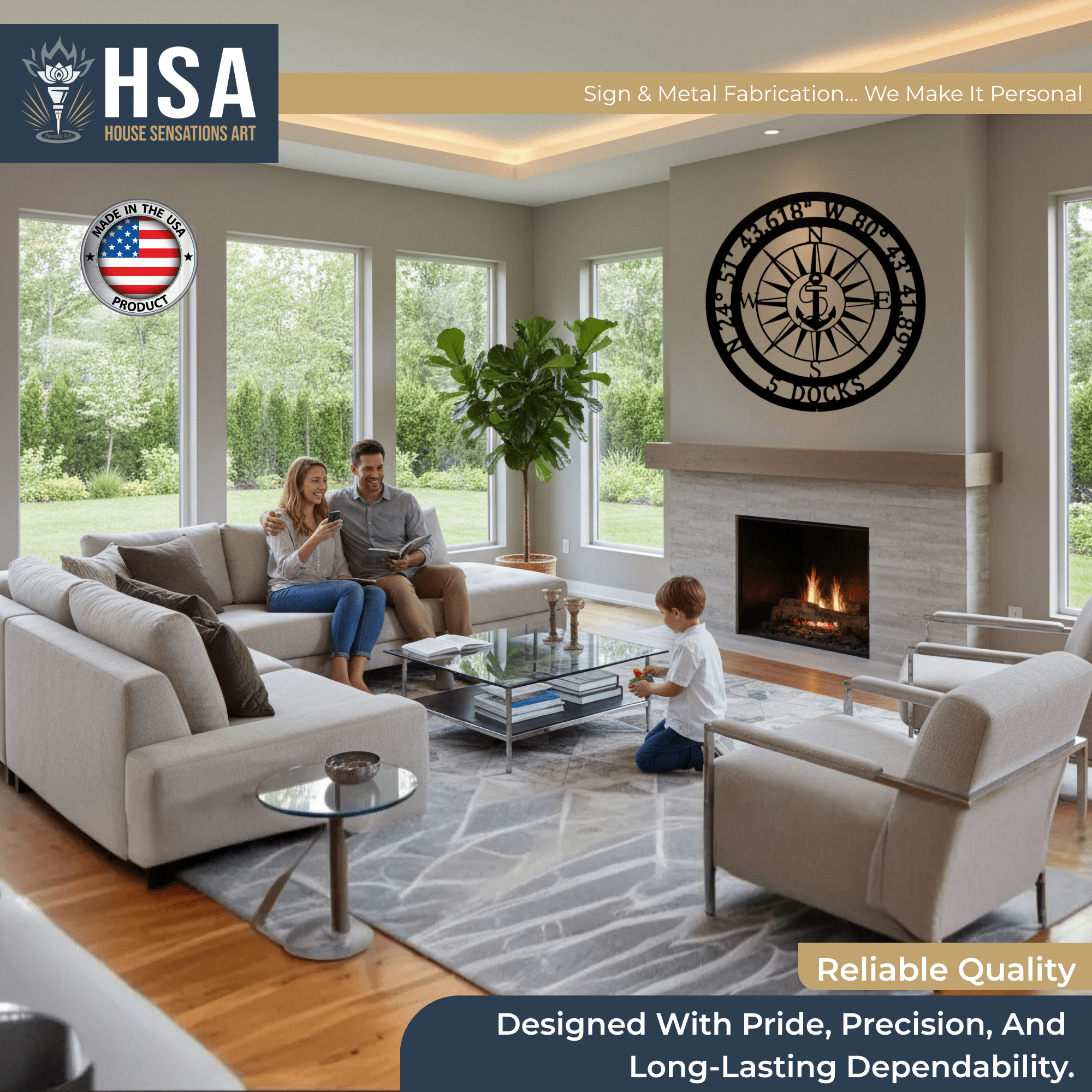Personalized nautical compass metal wall art with anchor design in living room, custom marine décor, fireplace setting, House Sensations Art branding display