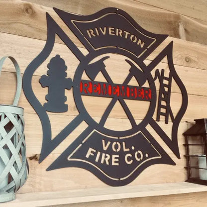 Personalized Firefighter Maltese Cross Axes, Ladder, Hydrant Address Sign displayed on a wood wall, highlighting its intricate metalwork design and durable craftsmanship suitable for home décor or as a housewarming gift.