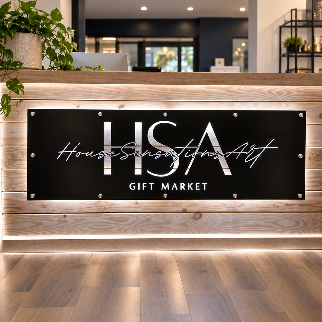 a wooden reception desk with a black sign that reads "House Sensations Art Gift Market".