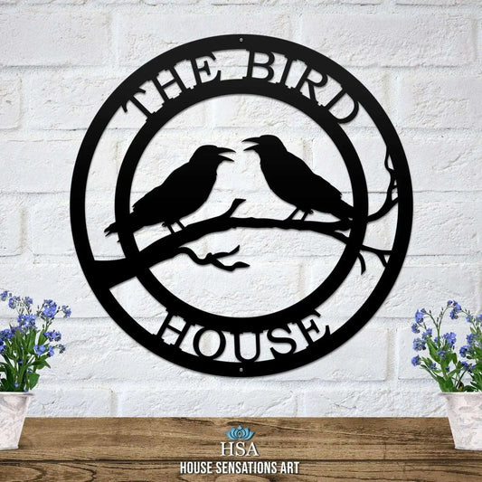 Black Bird Custom Metal Sign featuring silhouettes of birds on branches, ideal for outdoor decor. Personalizable with custom text, crafted from durable steel, perfect for gardens or as a housewarming gift.