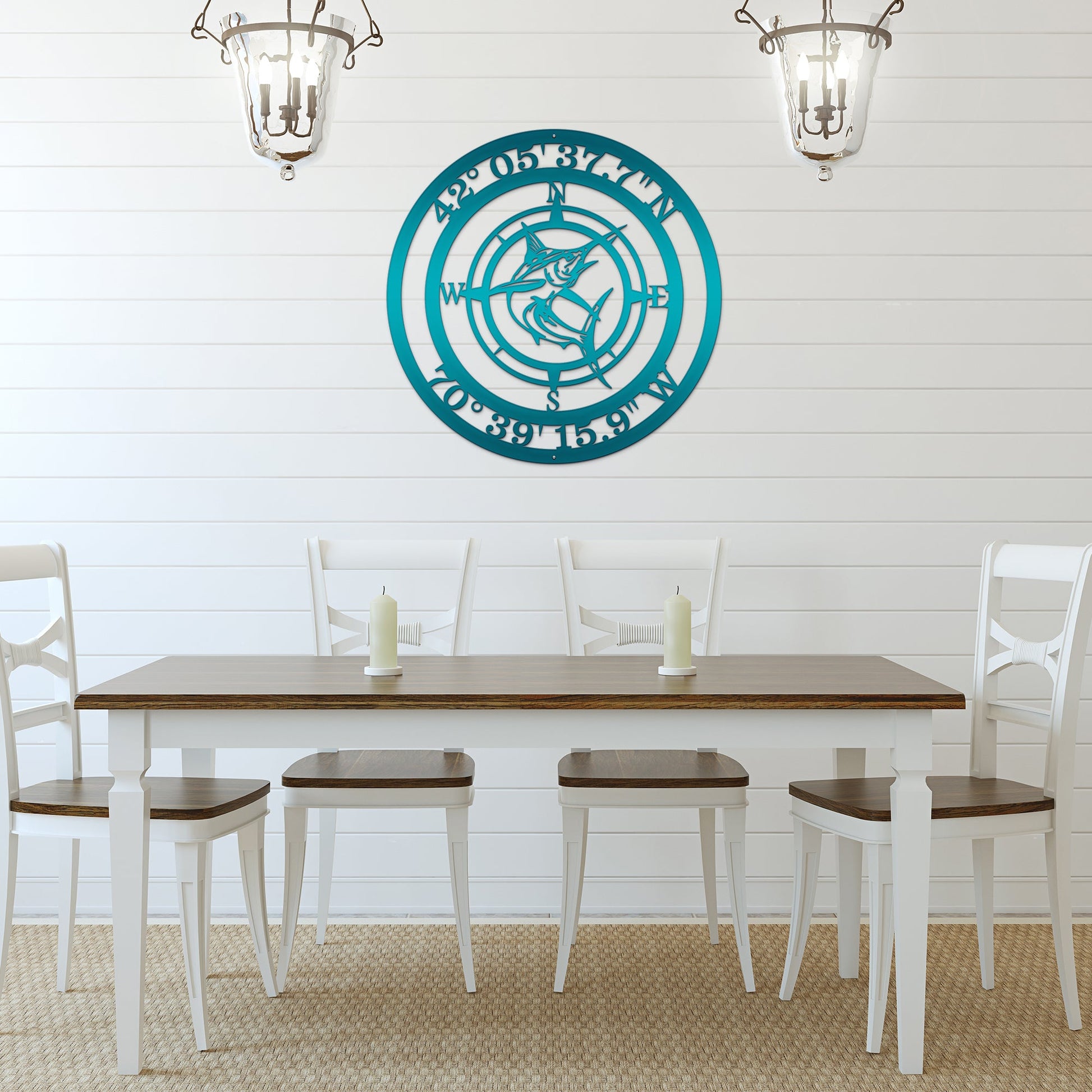 Custom beach house compass sign with marlin silhouette and engraved GPS coordinates