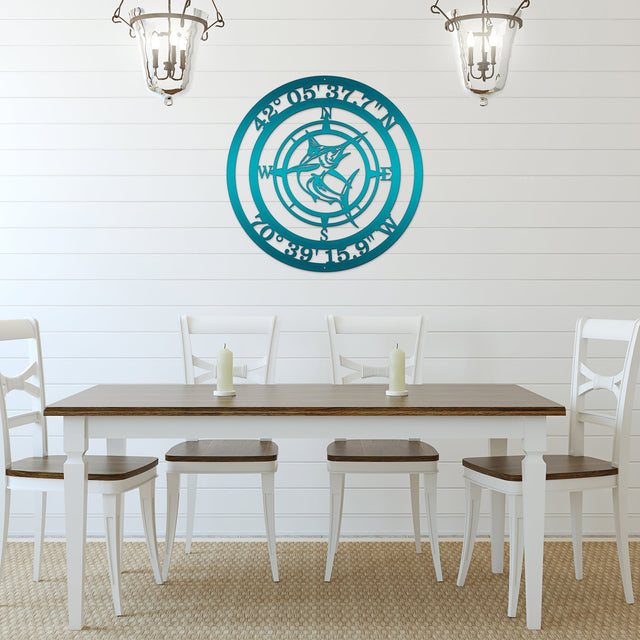 Custom beach house compass sign with marlin silhouette and engraved GPS coordinates