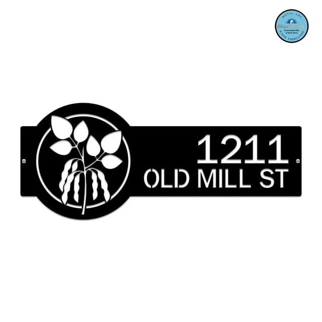 Black Bean Plant Address Sign featuring a bean plant design on the right and house number '1211 Old Mill St' on the left.