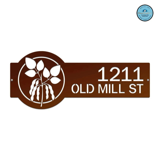 Candy Copper Plant Address Sign featuring a bean plant design on the right and house number '1211 Old Mill St' on the left.