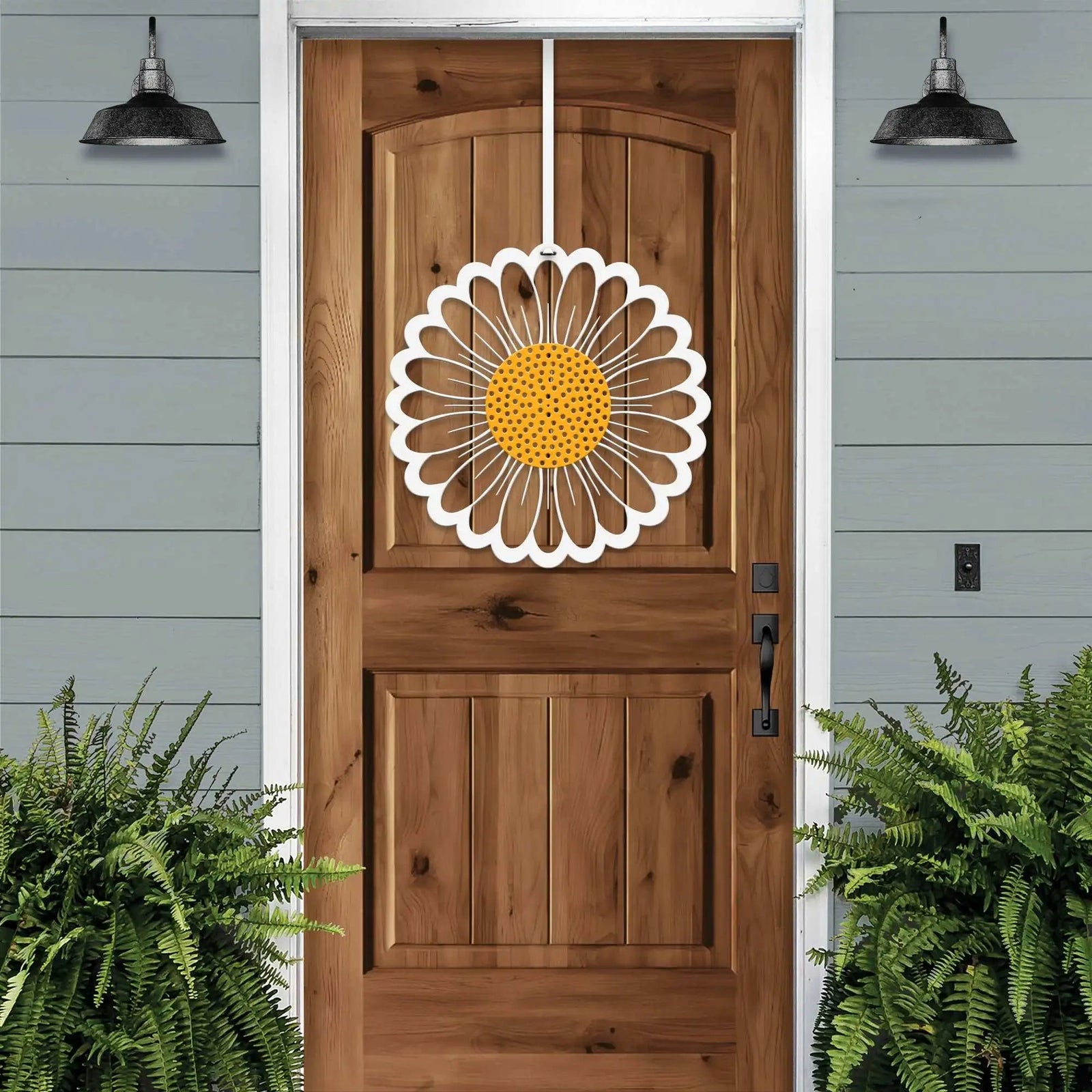 Wood front door with sunflower wreath decal, rustic farmhouse curb appeal décor, gray exterior home entry, outdoor metal sign inspiration, custom design