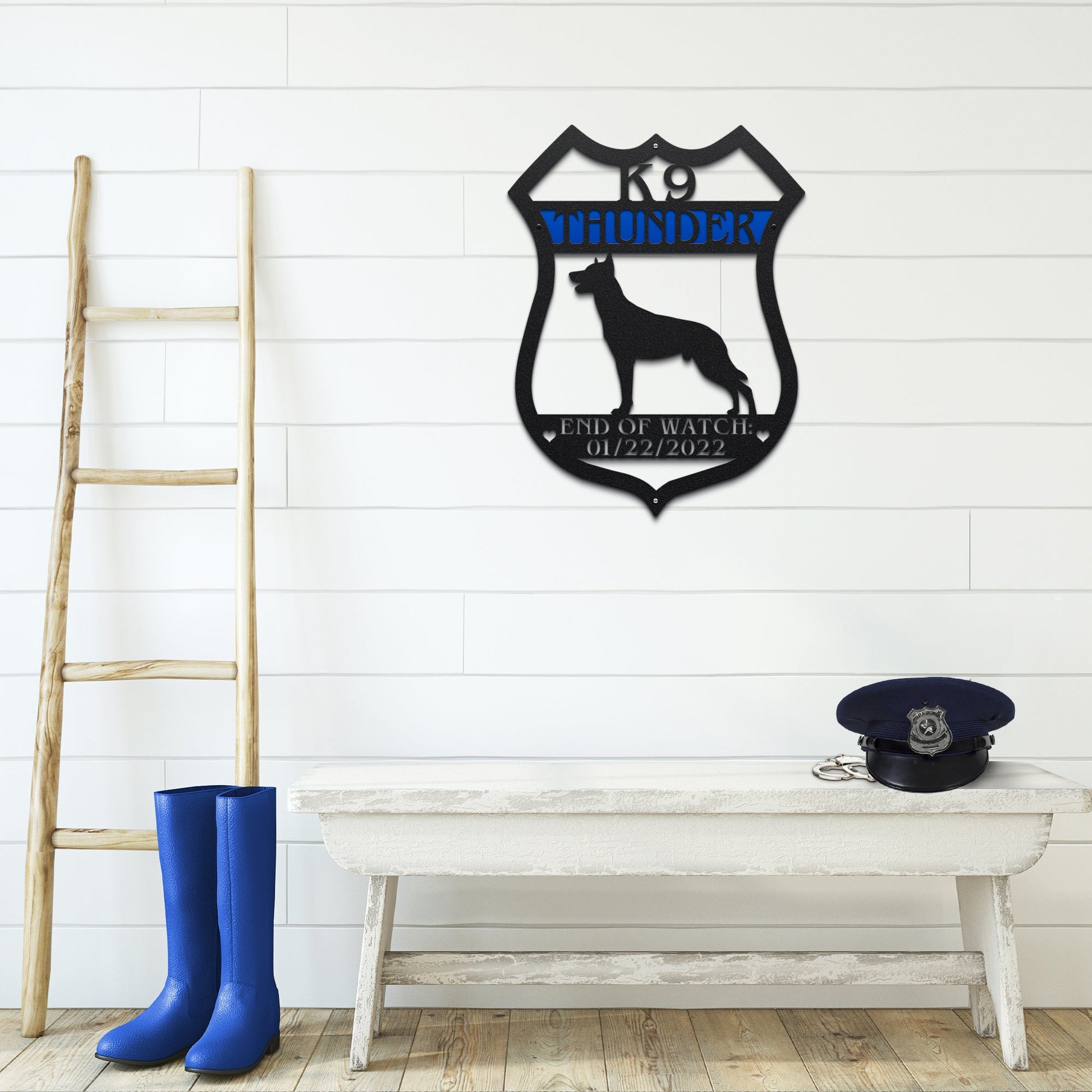 Belgian Malinois K9 badge address sign – 22 inch custom metal plaque for home or gate