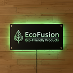Custom EcoFusion LED office and storefront sign with green leaf logo mounted on wooden wall, rectangular design, HouseSensationsArt