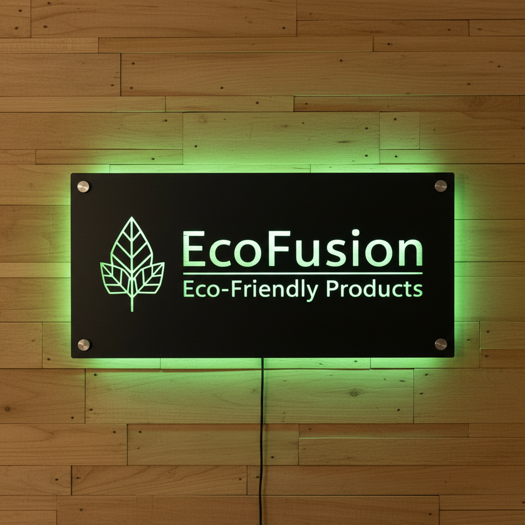 Custom EcoFusion LED office and storefront sign with green leaf logo mounted on wooden wall, rectangular design, HouseSensationsArt