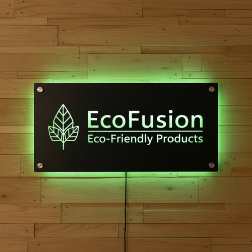Custom EcoFusion LED office and storefront sign with green leaf logo mounted on wooden wall, rectangular design, HouseSensationsArt