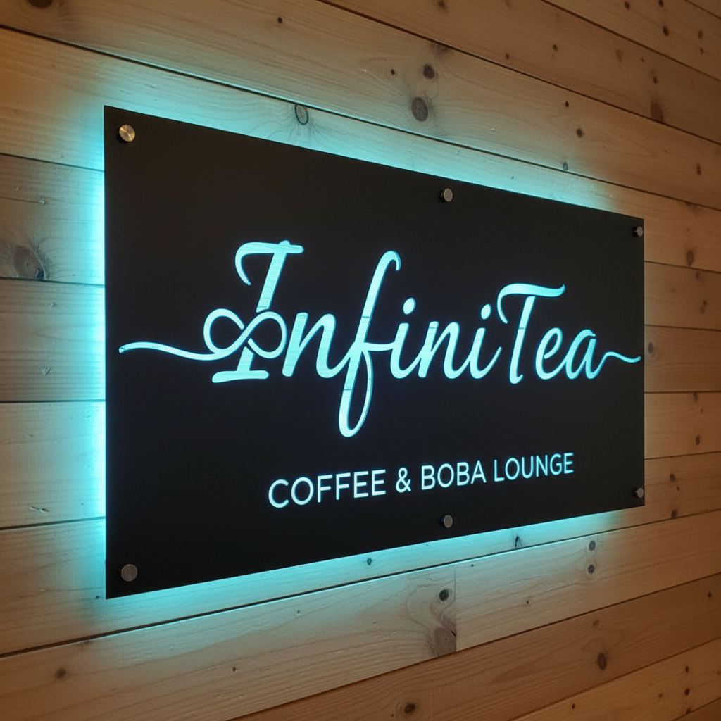 Custom neon LED sign for InfiniTea Coffee & Boba Lounge mounted on wooden wall, rectangular design for office or storefront décor, HouseSensationsArt