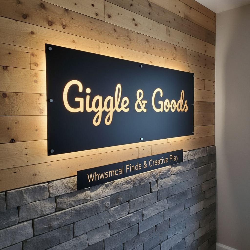 Custom LED office and storefront sign reading “Giggle & Goods” mounted on wooden wall, rectangular decorative design, HouseSensationsArt