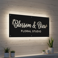 Custom floral office and storefront sign reading “Blossom & Brew” mounted on wooden wall, rectangular design, HouseSensationsArt