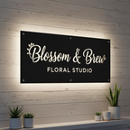 Custom floral office and storefront sign reading “Blossom & Brew” mounted on wooden wall, rectangular design, HouseSensationsArt