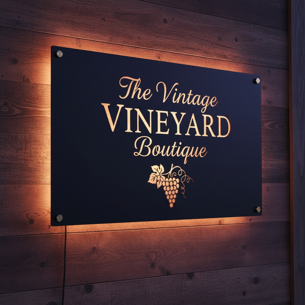 Custom LED office and storefront sign reading “The Vintage Vineyard Boutique” mounted on wooden wall, rectangular decorative design, HouseSensationsArt