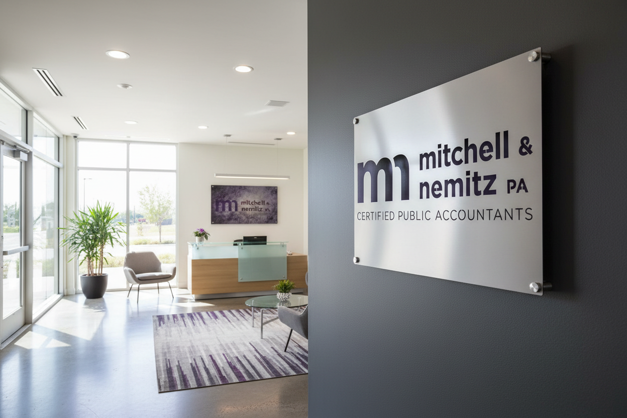 Custom metal office and storefront sign featuring laser-cut “Mitchell & Nemitz PA” logo in a professional office reception area.
