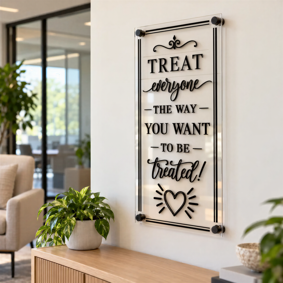 a wall with a sign that reads "Treat everyone the way you want to be treated!" The sign is mounted on a white wall and is surrounded by various plants and decorative items.