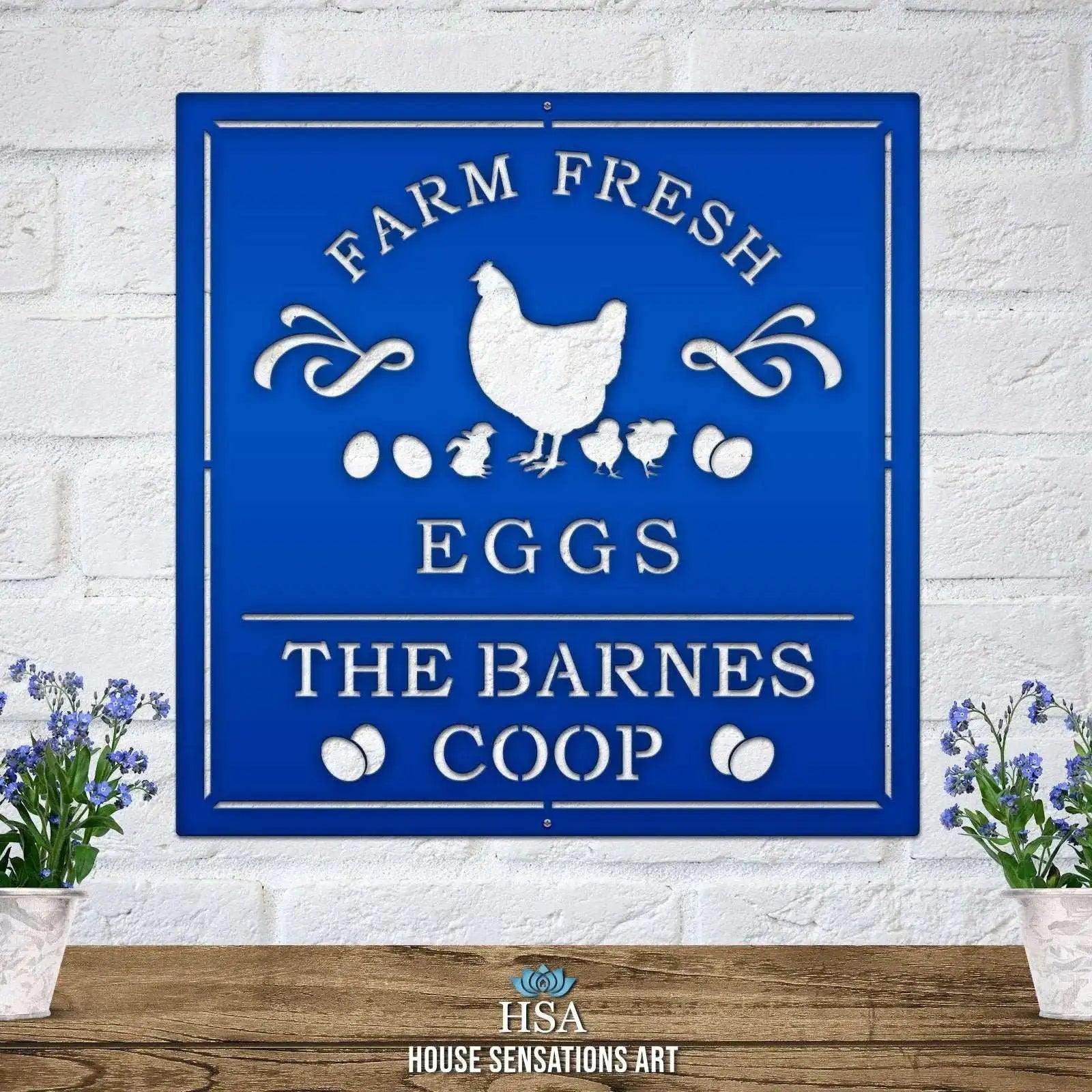 Farmhouse Chicken Coop Sign featuring custom metal house numbers and animal name design. Weather-resistant, ideal for outdoor use as an address sign or housewarming gift.