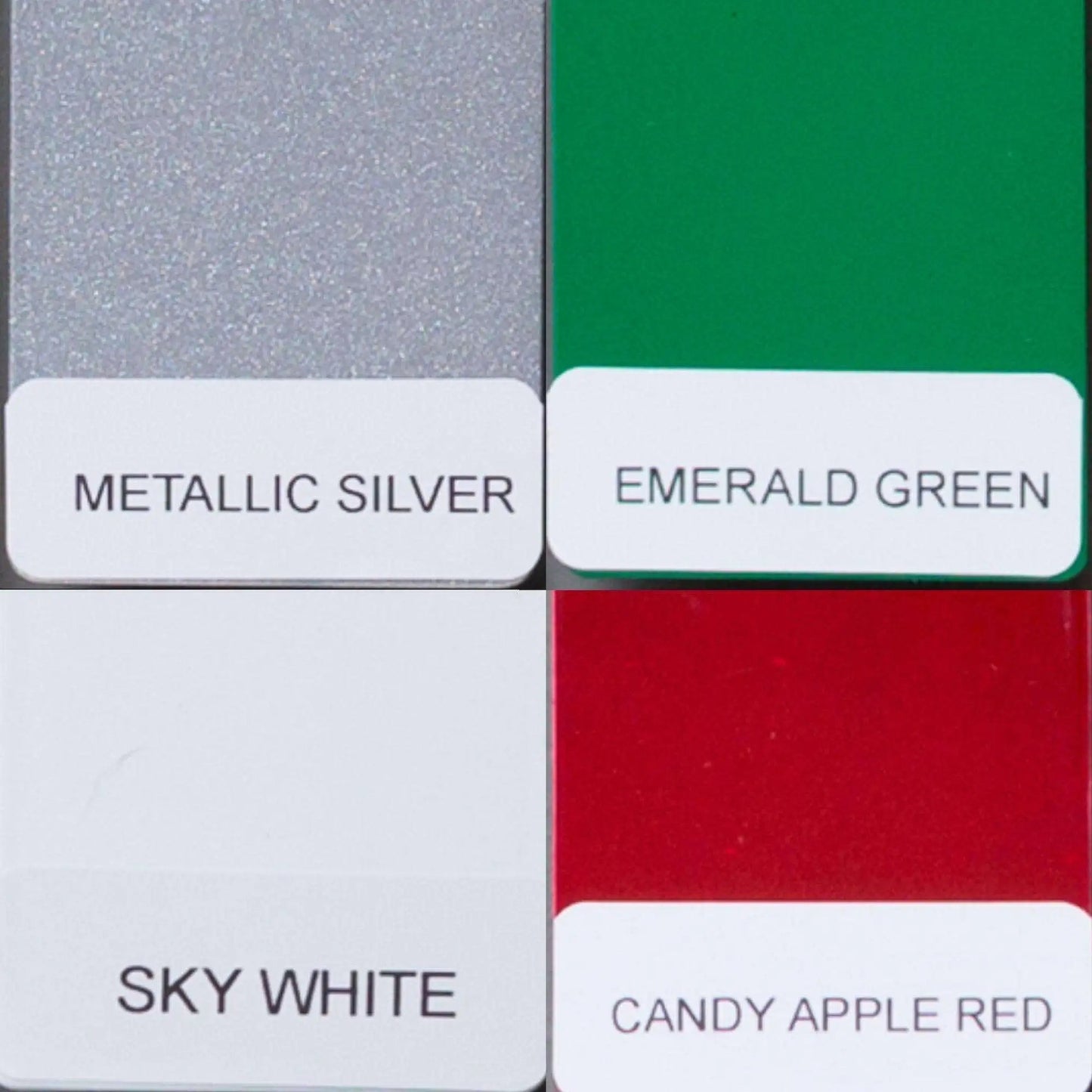 Color swatches labeled Metallic Silver, Emerald Green, Sky White, and Candy Apple Red on white background, reference guide for custom metal sign finishes and decorative color options