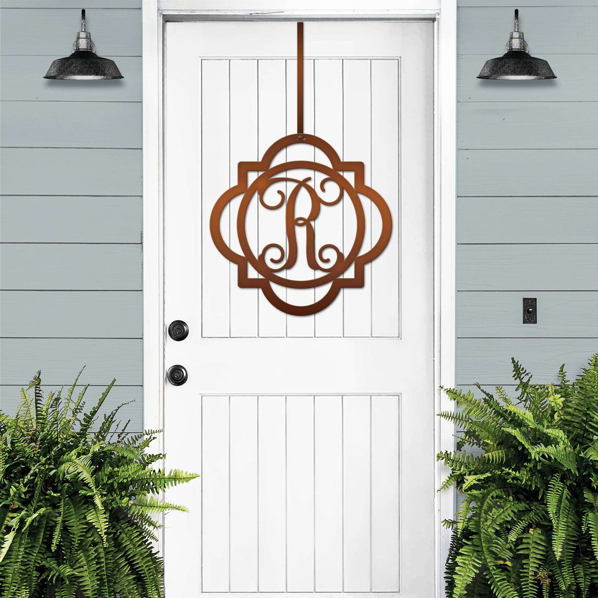 Candy copper "R" metal monogram door wreath – elegant custom front door sign with rustic farmhouse appeal.