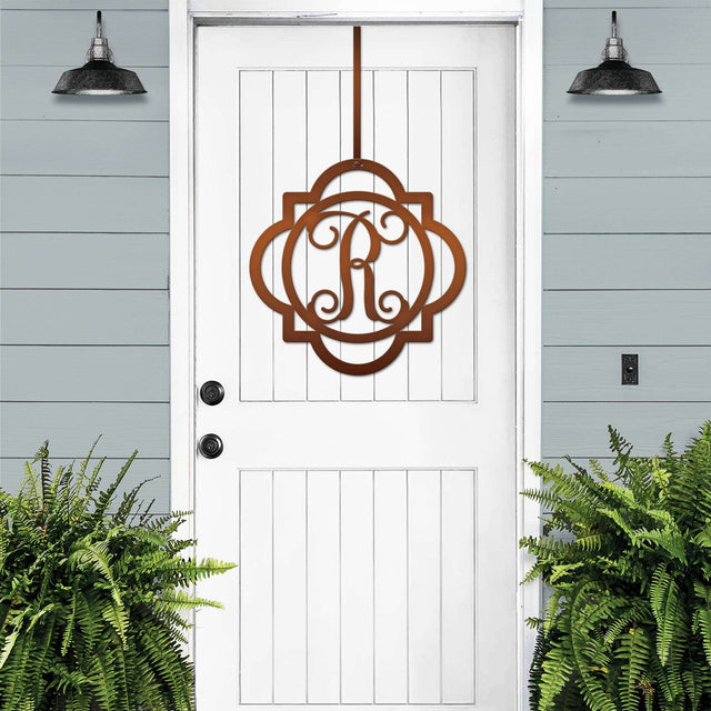 Candy copper "R" metal monogram door wreath – elegant custom front door sign with rustic farmhouse appeal.