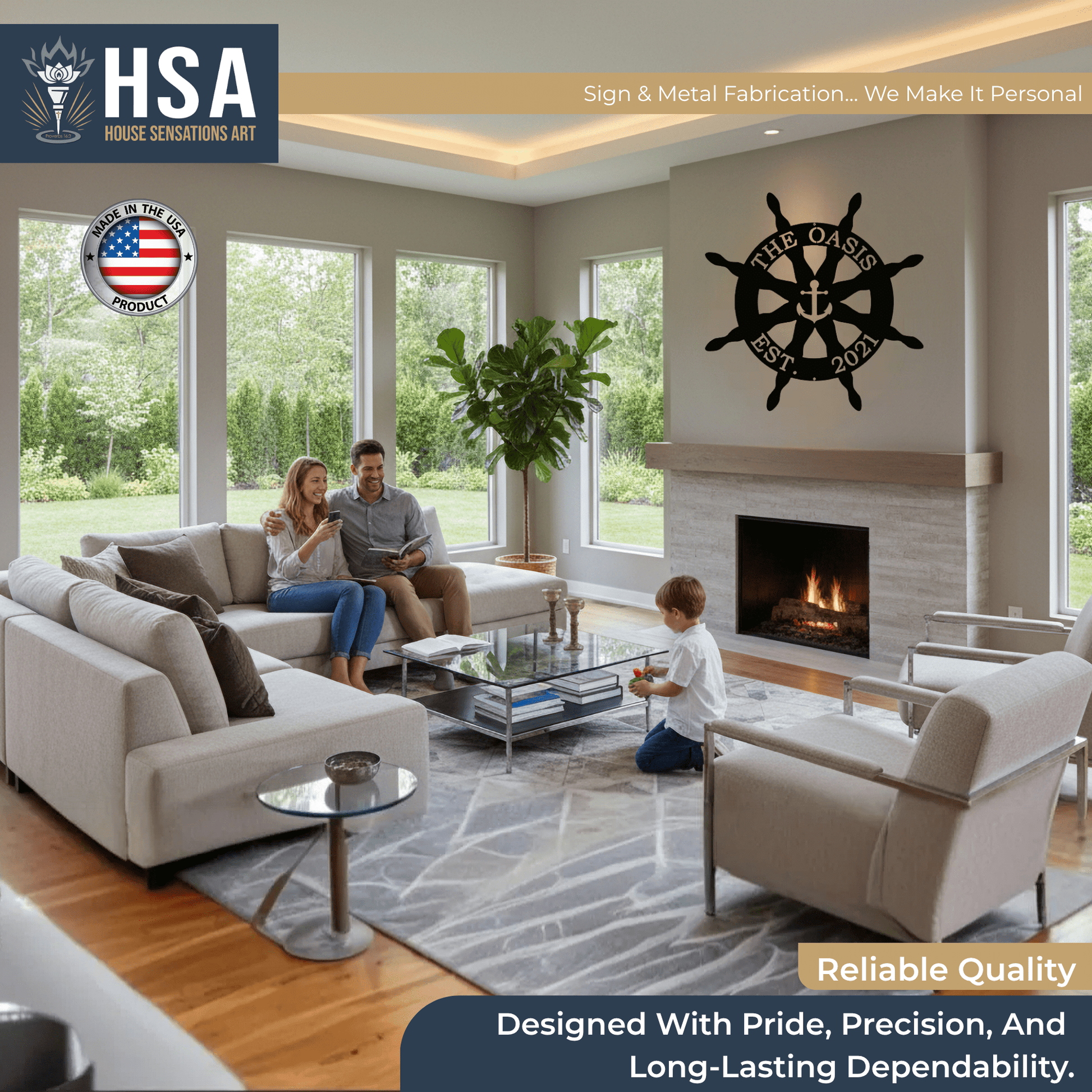 HouseSensationsArt custom nautical metal wall art sign with ship’s wheel design, displayed in a living room with family, fireplace, and large windows, featuring HSA branding.