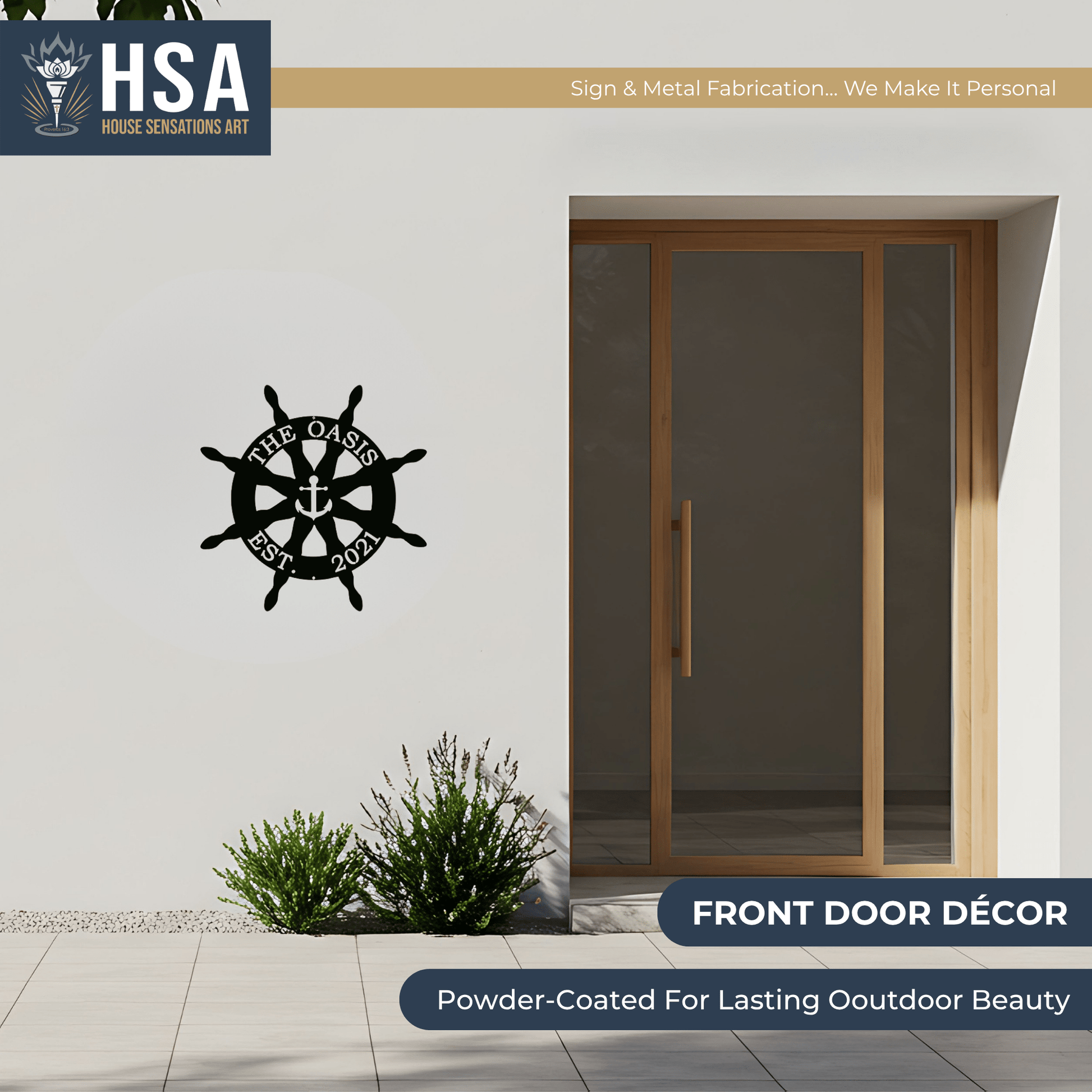 HouseSensationsArt custom nautical metal wall art sign with ship’s wheel and anchor design, mounted on white wall next to glass door, featuring HSA branding.