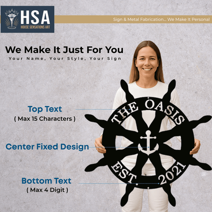 Captain Ship Wheel Decor – Custom Nautical Metal Wall Art Sign - HouseSensationsArt