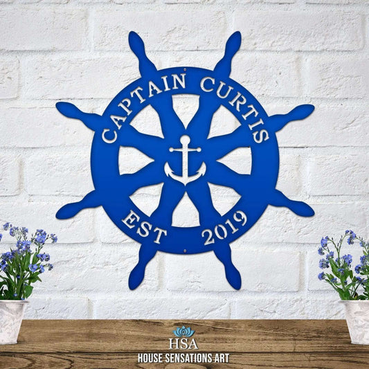 Custom captain’s wheel and anchor metal sign with street numbers, nautical outdoor address plaque