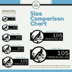 Size chart for personalized cardinals house number signs, showing dimensions and HSA logo for comparison